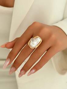 1pc Chunky Jewelry French Elegant Baroque Faux Pearl Asymmetrical Shaped Ring, Multi-Color Options, Vintage Alloy Rings, Fashion Accessory For Women, Adjustable Open Ring Size - Multicolor - View 7