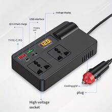 Nuokaiqi 诺凯奇车载逆变器转换器插头，12V/24V 至 220V 电源插座，车载电子充电器，带 USB+PD 快速充电，多功能 - 黑色 - 查看 4