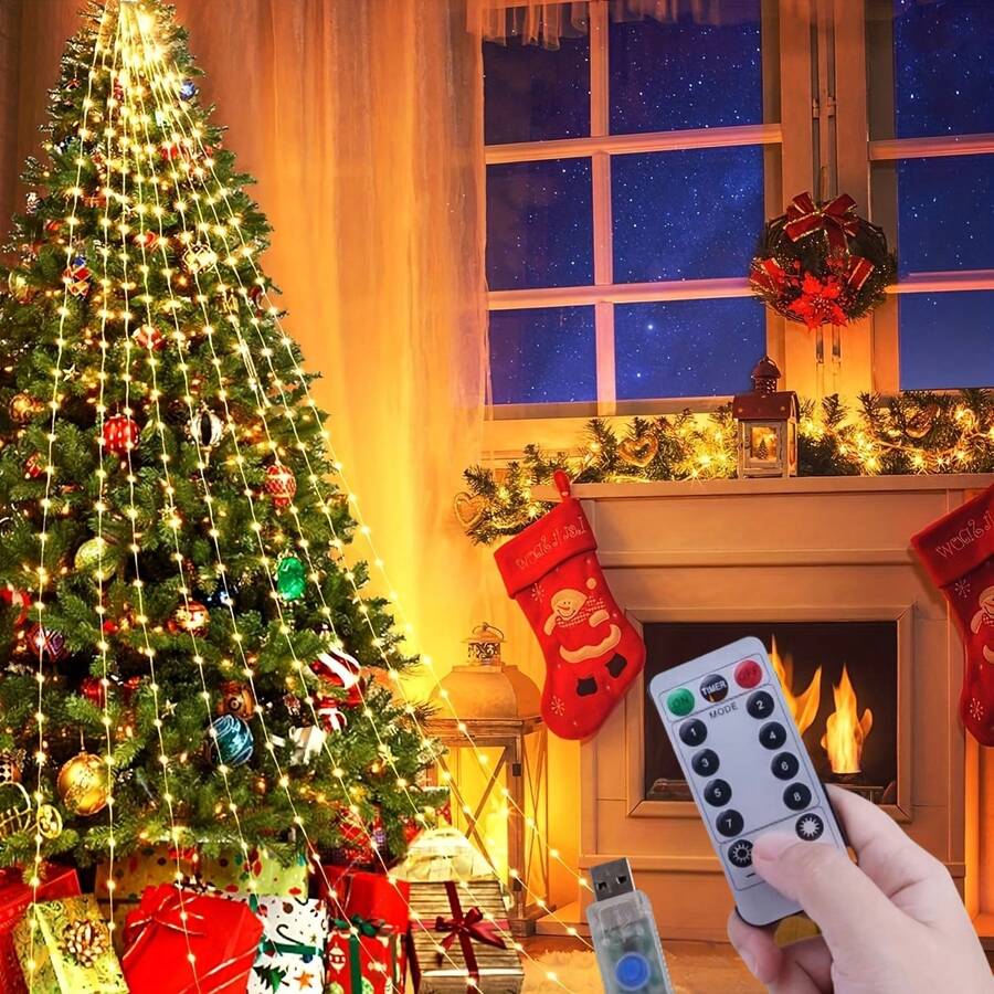 1 pieza Árbol de Navidad de 180 LED Cascada de Hadas, Luz de Corona de 9 Caídas de 200 cm, Luces de Cortina con Control Remoto 8 Modos, Adecuado para Decoración de Habitación de Bebé, Decoraciones Navideñas, Decoraciones de Árbol de Navidad, Decoraciones de Boda