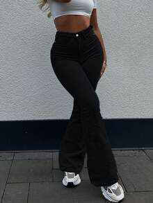 GILIPUR New Y2K Bootcut Women Jeans Black High Slim Fit Waist Stretch Casual Elegant Vintage Simple Streetwear 2000s Style Fall And Winter Clothes Outfits Old Money Vintage Clothes Going Out,Winter Christmas And Thanksgiving For New Year - 黑色 - 查看 4