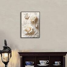 1 pieza Póster de arte de pared Moderno y elegante con rosa blanca y mariposa en lienzo 2D - Decoración floral moderna para sala de estar, dormitorio, oficina - Pintura abstracta de flores enmarcada con acentos en crema - Regalo perfecto para Halloween, Acción de Gracias, Navidad