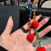 Y2K Style Big Red Heart Beaded Keychain, Dopamine Inspired Resin Keyring Pendant, Pink & Blue Crystal Gemstone Charm For Backpack, Handbag, Car Keys, Suitable As Surprise Gift For Friends, Family, Girlfriend, Valentine's Day - Fiery Red - View 5