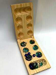 Mancala Board Game - Fun Classic Table Game With Wooden Board For Adults - 48 Glass Mancala Beads & 2 Player Games