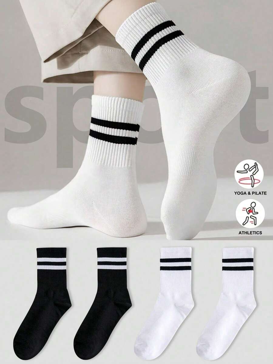 1/5/10 pares de calcetines a media pierna con rayas simples para mujer, calcetines a media pierna casuales y transpirables adecuados para deportes o uso casual diario, otoño/invierno