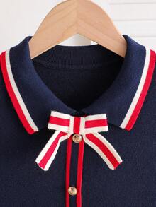 Girls' Collared Long Sleeve Sweater Dress, School Style - Navy Blue - View 3