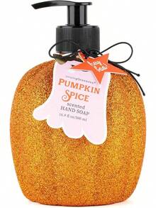 Simple Fun - Dispensador de Jabón Líquido para Manos con Aroma a Pastel de Calabaza y Manzana y Especia de Calabaza, Recargable Decorativo para Encimeras de Cocina y Lavabos de Baño - Calabaza brillante - Ver 8