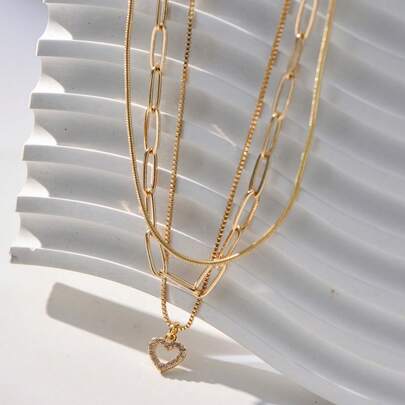 Tkool 3 件套简约心形镂空吊坠项链套装，镶嵌微镶嵌方晶锆石，适合女士（链扣随机搭配）