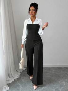 Women's Thin Striped Patchwork Elegant Casual 2-Piece Set, Long Sleeve Top And Pants, Suitable For Office And Home, Spring/Summer/Autumn