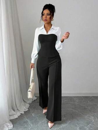 Women's Thin Striped Patchwork Elegant Casual 2-Piece Set, Long Sleeve Top And Pants, Suitable For Office And Home, Spring/Summer/Autumn