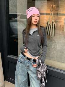 简约V领长袖T恤，分层上衣 - 灰色 - 查看 3