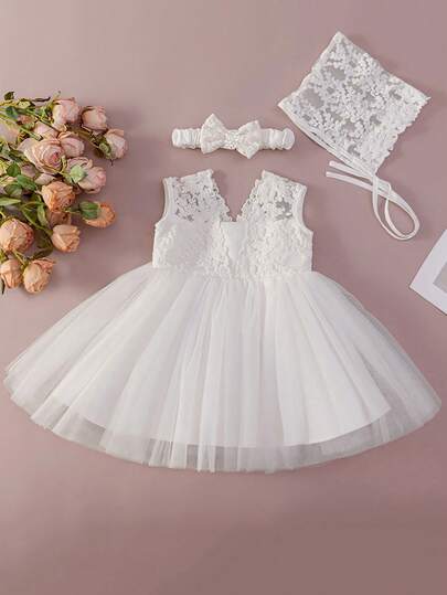 Baby Girls 0-2Y White Christening Dress Outfit, Wedding Flower Girl Puff Tulle Skirt Set