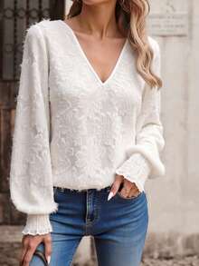 Blusa de encaje blanca con cuello en V, mangas abullonadas y puños con volantes para mujer talla grande, adecuada para uso diario, cumpleaños, fiestas y vacaciones