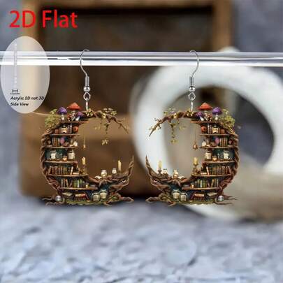 2D Flat Bohemian Moon Bookshelf Earrings - 2D Graphic Design, Fantasy Branches, Mushrooms And Owls - Light Daily Ornaments Gift, Suitable For Women's Birthdays And Holidays, Exclusive Earrings For Book Lovers