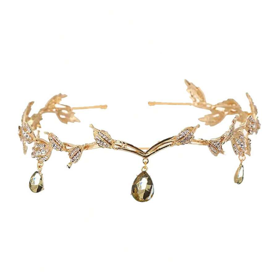 ​ ​ Baroque Court Style Crown Headpiece Handmade Inlaid Rhinestone Forehead Pendant Bridal Photo Party Artifact Vintage Princess Style Collectible Accessory ​ ​ - 香檳色 - 查看 1