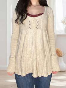 Women's Y2k Long Sleeve Knitted Tops Solid Color Button Front Scoop Neck Flared Hem Blouse Sweaters Spring Fall Casual Streetwear Fairy Aesthetic Clothes - 白色 - 查看 3