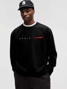 Men's Casual Letter Print Crew Neck Sweatshirt, Spring And Autumn - Black - View 1