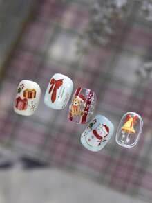 2025新款5D雪人可爱小熊美甲贴纸，带蝴蝶结、圣诞帽、礼盒、铃铛、圣诞树卡通节日美甲趣味自粘贴纸装饰，适合女性指甲 - 彩色 - 查看 6