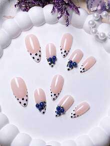 10片手工杏仁白法式波点可爱3D蓝莓简约时尚可拆卸美甲贴片，高端美甲用品手工按压式美甲贴片 - 彩色 - 查看 3