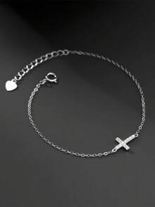 1pc Women's S925 Sterling Silver Classic Rhinestone Cross Bracelet, Fashionable Luxury Minimalist Delicate Layered Bracelet, Suitable For Daily Wear