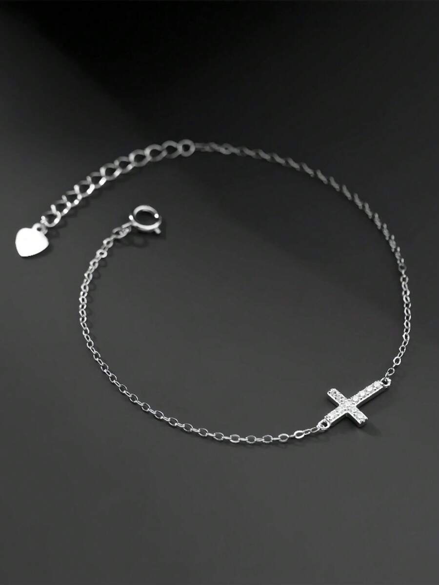 1pc Women's S925 Sterling Silver Classic Rhinestone Cross Bracelet, Fashionable Luxury Minimalist Delicate Layered Bracelet, Suitable For Daily Wear