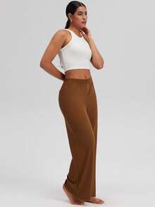 OQQ Womenswear Textured Pants Flowy Wide Leg Lightweight Casual Lounge Basic Pant Vacation Minimalist Outfits Trousers With Back Pockets - 咖色 - 查看 2