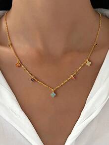 1 pieza Collar de trébol de cuatro hojas de plata pura con diamantes de colores, adecuado para el uso diario de las mujeres y la combinación de accesorios - Flor de cuatro hojas con forma de diamante de colores - Ver 3