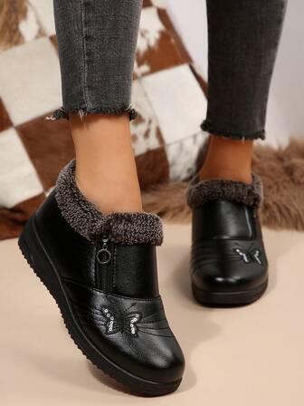 2024 Winter New Side Zipper Butterfly Middle-Aged Non-Slip Warm & Comfortable Soft-Sole Mother Shoes,Fur Boots