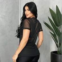 Women's Fitness Set 3-Piece Kit – Complete Gym Look: Top + Leggings + Tulle T-Shirt – 3-In-1 Sports Set – Train With Style And Comfort - 黑色 - 查看 2