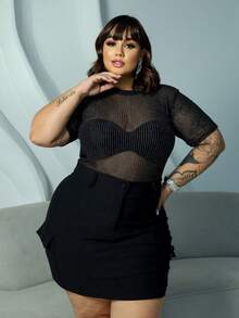 Plus Size Women's Clubwear Set Bodysuit Tulle Shine Transparency Short Sleeve Model Cargo Skirt Elastane Party Clubwear Look Plus Size 44 To 54 - 黑色 - 查看 5