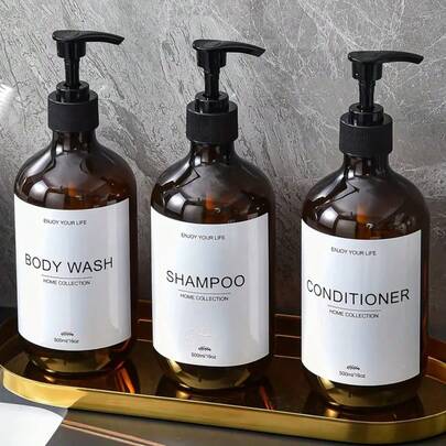 1pc 500ml Refillable Amber Color Shampoo & Body Wash Empty Bottle With Pump, Suitable For Hotel Bathroom Storage, Includes Waterproof Label, Housewarming Gift