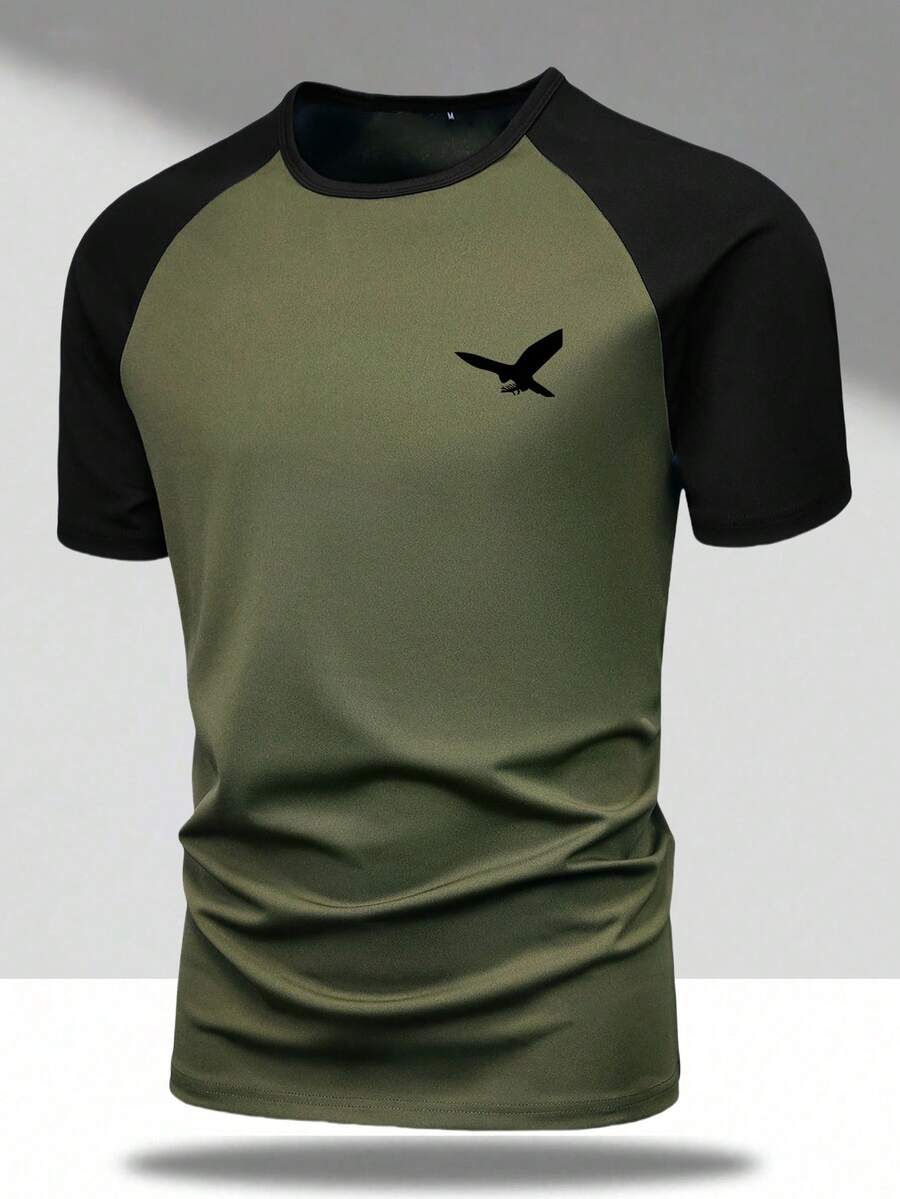 男士常规剪裁插肩短袖 T 恤，撞色拼布老鹰印花，休闲圆领 T 恤，适合户外、运动，适合作为送给丈夫或男朋友的礼物 - 彩色 - 查看 1