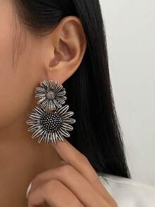 Set de 2 piezas de aretes con colgante de girasol 3D estilo bohemio, joyería elegante y glamorosa para uso diario o fiestas, regalo de joyas para mujeres