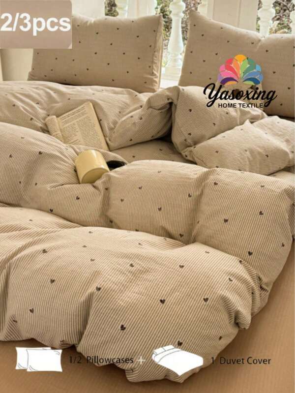 2/3-teiliges khakifarbenes gestreiftes Bettbezug-Set mit Herzform-Muster (1 Bettbezug + 1/2 Kissenbezüge, ohne Füllung), modern romantisch elegant klassisch, Polyesterfaser angenehm atmungsaktiv ganzjährig, für Schlafzimmerdekoration Luxushotel-Stil, Mädchenstil, Geschenk für Mutter Vater Freund, Tagesdecke Bettbezug*1 Kissenbezug*1/2 Größe King Queen Voll Twin Studentenwohnheim Bettwäsche Rückkehr zur Schule