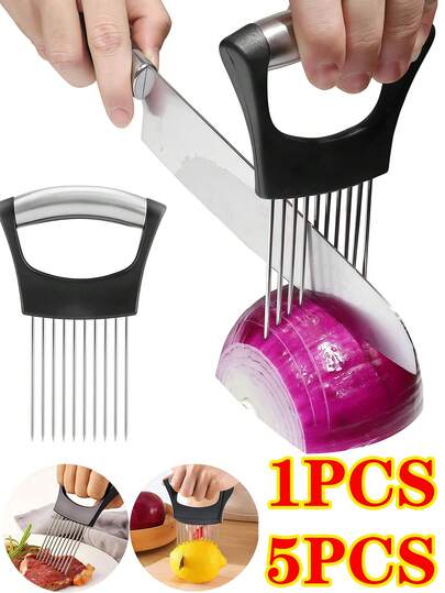 1pc 5PCS Onion Slices, Onion Vegetable Shredder, Stainless Steel Tomato Slicer, Vegetable Cutter, For Fruits, Lemons And Meats. Lemon Slicer, Vegetable Knife, Chopping And Slicing Auxiliary Tool, Suitable For Meat, Onion, Potato, Avocado, Egg, Food Slicing Auxiliary Tool, Tomato Household Kitchen Tool