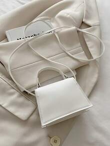 1件迷你时尚简约纹理面料手提包小方包口红包百搭可爱单肩包 - 白色 - 查看 10