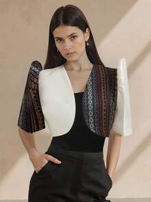 Amyenjoylife Modern Philippine Style Summer Elegant Puff Sleeve Splice Cardigan Top Bolero Philippine Women Clothing, Champagne Top - Champagne - View 4