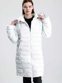 Women's Solid Color Casual Puffer Long Sleeve Coat, Made In Turkey, Fleece Lining With Faux Fur Trim - White - View 5