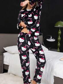 2pcs Women's  Cartoon Cute Flannel Warm Thick Fleece Pajama Set, 1 Full Print Long Sleeve Crew Neck Top And Pants, Comfortable Loose Fit, Suitable For Autumn/Winter - 黑色 - 查看 6