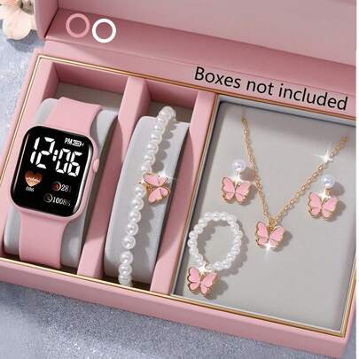 6件套女孩时尚优雅LED心形数字手表和蝴蝶饰品套装，包括手链、项链、戒指和耳环，适合女孩、学生，日常佩戴如上学、聚会、旅行，是送给朋友、生日、返校、毕业的完美礼物。