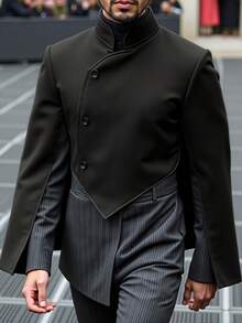 Mens Stand Collar Button Front Long Sleeve Asymmetrical Hem Outerwear Winter Cloak Jacket Coat Party Casual Jacket - màu đen - Xem 1