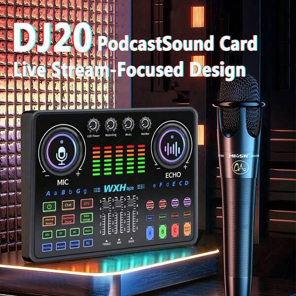 Tarjeta de sonido profesional para podcast DJ20 negra - 2400mAh 48V con Bluetooth, compatible con PC/móvil para micrófonos en vivo, karaoke y podcast