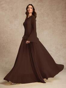 Women's Elegant Ruffle Trim Tie-Waist Flare Sleeve Dress, Spring/Summer - Coffee - View 6