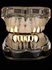 1 Set Of 2 Smooth Top & 6 Teeth Dual-Tone Metal Hip Hop Teeth Grillz, Unisex Party & Daily Decoration