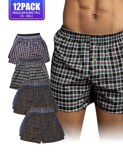 Men's 100% Cotton Boxer Shorts Premium Quality Random Mixed Color Pack Woven Relaxed Fit Boxers For Men Soft Breathable Mens High Quality Underwear With Button Fly Pouch Elastic Waist Comfortable Fabric Menswear