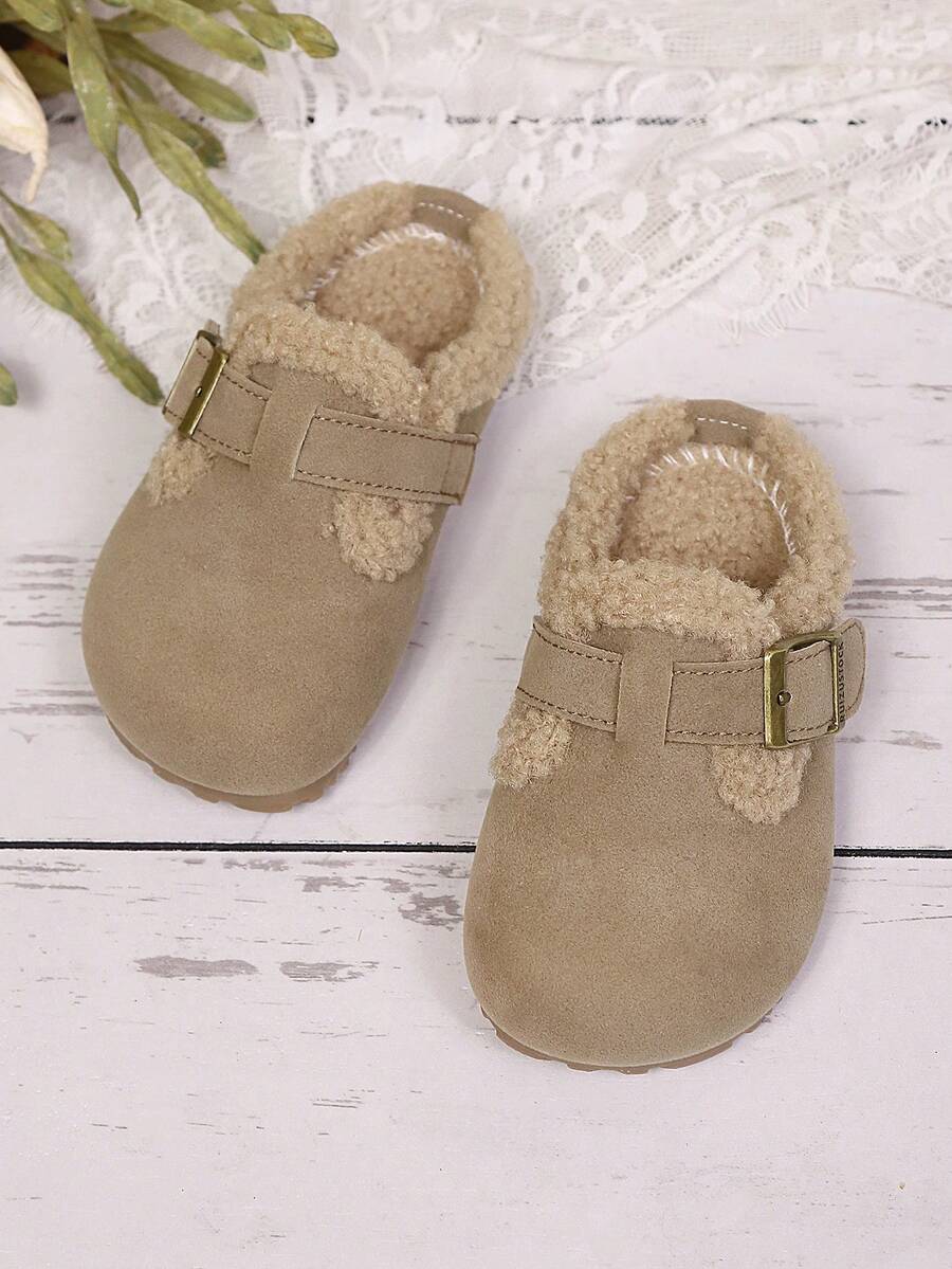 幼儿男孩/女孩简约时尚保暖内衬平底一脚蹬拖鞋，适合秋冬季
