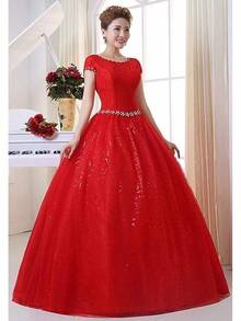 Double Shoulder Floor Length Bridal Gown Wedding Dress Custom Size - 紅色 - 查看 4