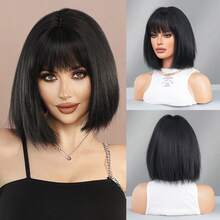 7JHH WIGS Yaki Straight Bob Wig For Women 12 Inch Modest Fashion Black Short Wig With Bangs, Premium Fluffy Synthetic Fiber Full Machine Hair Wig For Daily Wear, Festival Ready & Party ,Cosplay Costume Wigs Accessory - Girl's Gift - Natural Black - View 12