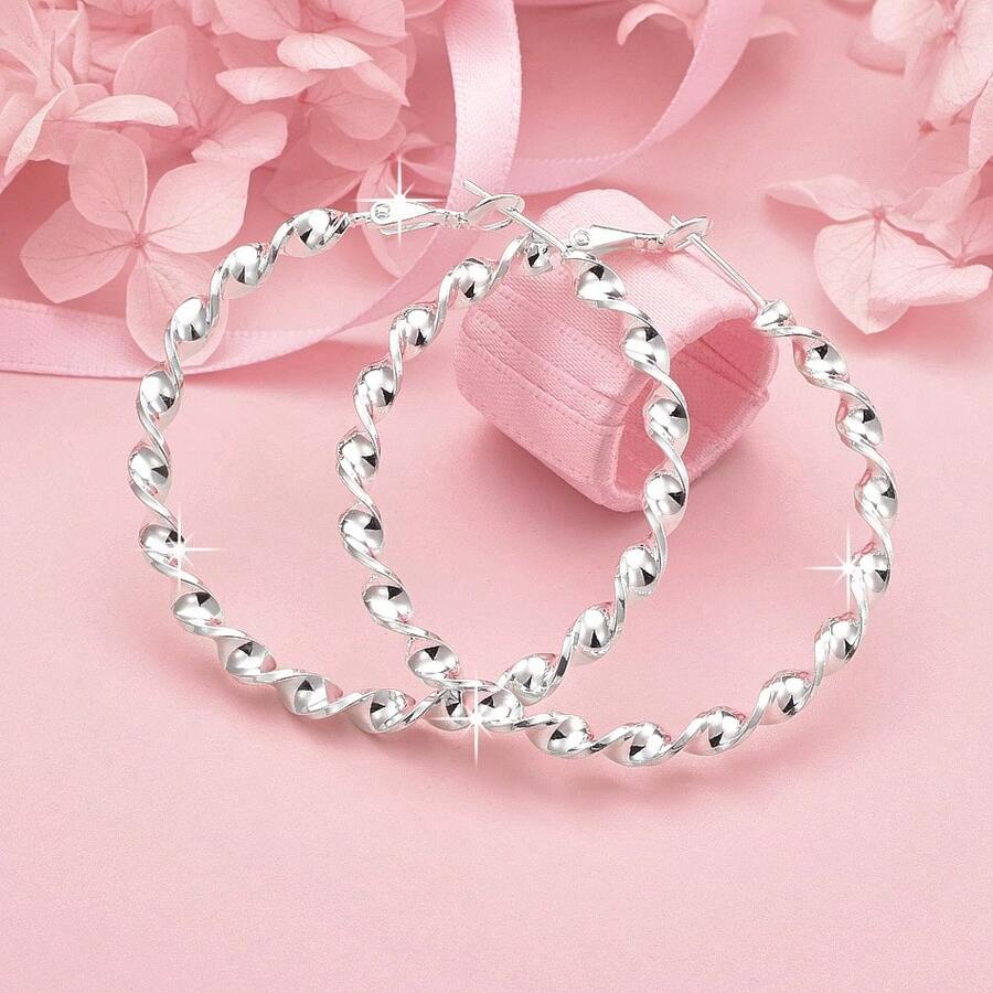 925银一对时尚50毫米扭纹大圆耳环精美女士饰品礼物婚礼珠宝派对 - 銀色 - 查看 1