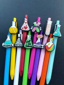 Set de 10 bolígrafos con pegatinas de botellas de reactivos de laboratorio químico, bolígrafos de tinta neutra con pegatinas con tema de experimentos científicos, adecuados para volver a la escuela, exámenes, regalos de fiesta, útiles escolares y de oficina - Multicolor - Ver 7