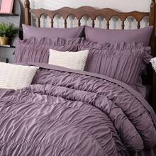 Purple Comforter Set Queen Size,Ruched Boho Bedding 9-Piece Bed-In-A-Bag For All Seasons,Fluffy Luxury Ruffle Bedding Set With Comforter, Flat Sheet, Fitted Sheet, Pillow Shams, Pillowcases - Mauve Purple - View 3